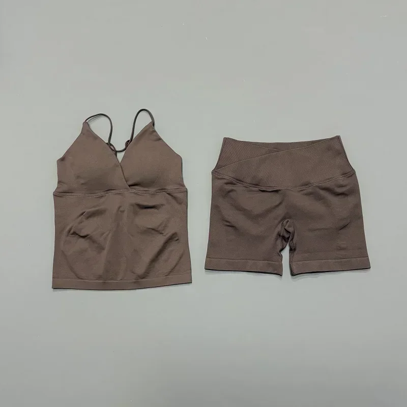 HISTELLO Vision Sportsets für Damen Nahtloses Twist-Front Longline-Top Bauchkontrolle Cross-Shorts Anzug Biker Gym Workout-Set – Detail 12