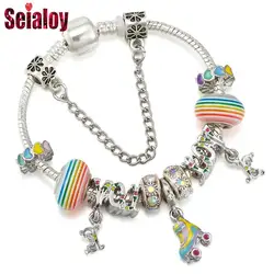 Seialoy Rainbow LOVE Beaded Roller Skates Charm Bracelets For Women Heart Beads Silver Color Bangle Jewelry Gifts