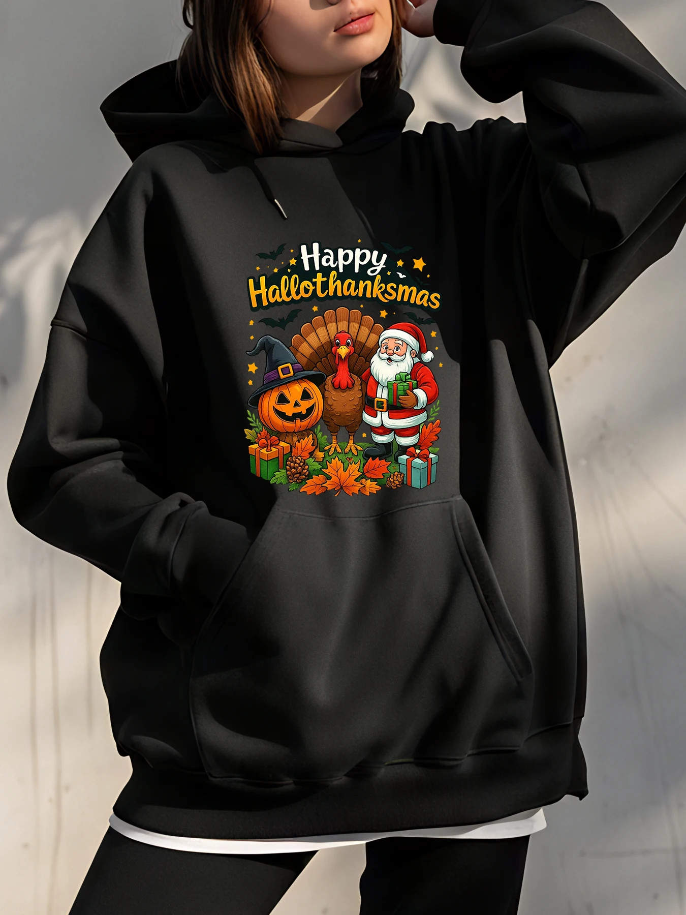 

Рождественская толстовка с капюшоном Happy Hallothanksmas с принтом Хэллоуин, День Благодарения, Санта-Турецкая толстовка с тыквой, женская повседневная праздничная одежда