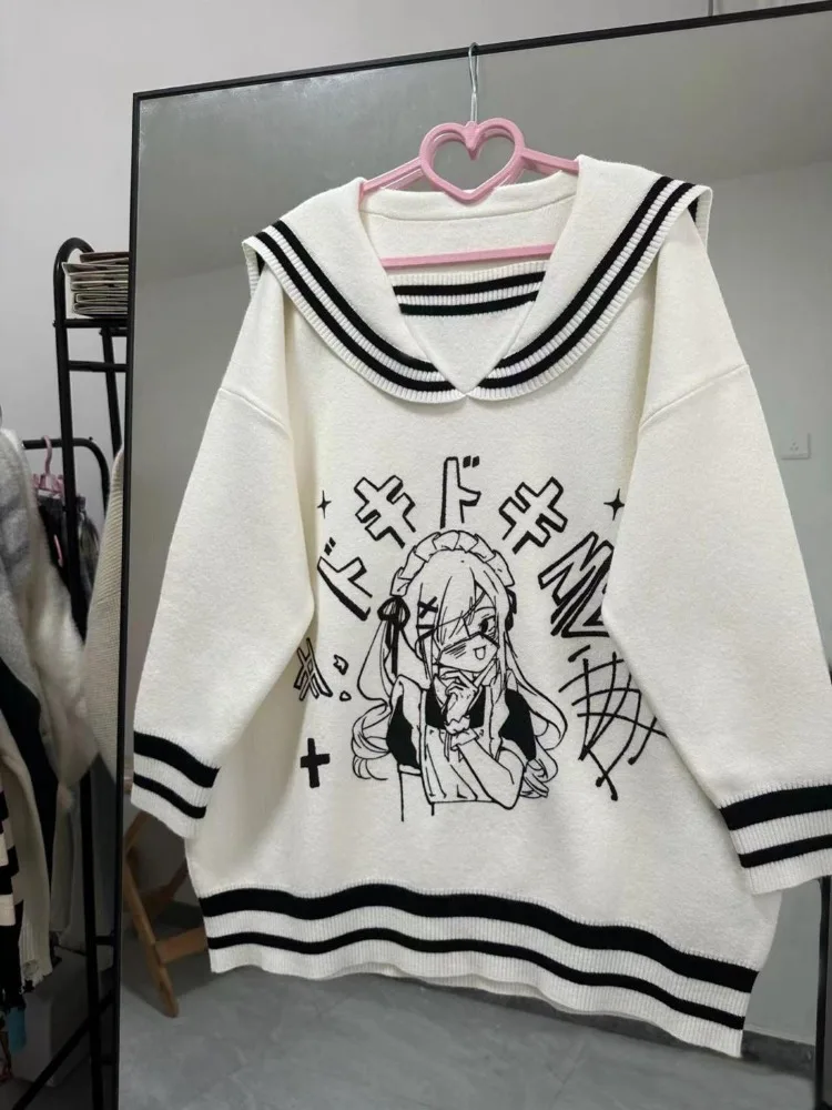 Słodki nadruk kreskówkowy Biały sweter Anime Pullover Knit Y2k Odzież Harajuku Gothic Tops Luźny kołnierzyk Dzianina damska