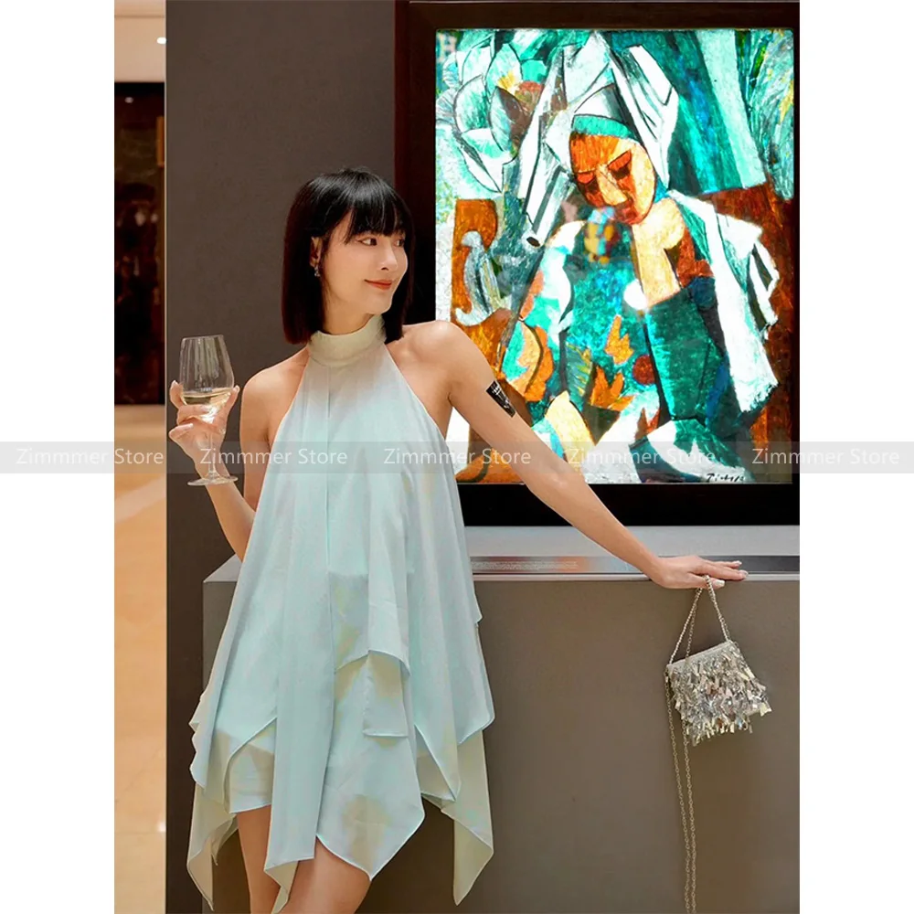 

High quality! Seaside Holiday Beach Dress Stacked Sleeveless Hanging Neck Dresses Women Autumn Loose A-Line Dresses