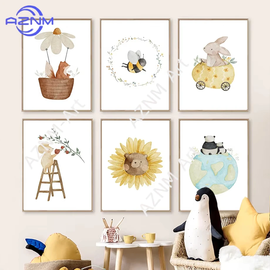 1 Stück Boh Cartoon Tier Wandkunstdruck Fuchs Hase Biene Panda Bär Leinwandkunst Nordisches Poster Wandbilder Baby Kinderzimmer Deko