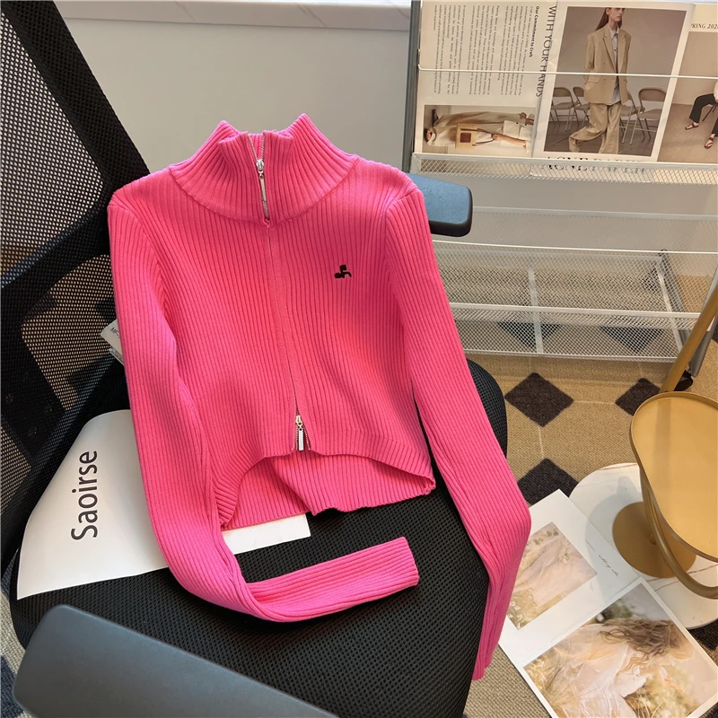 

Solid Turtleneck Double Zippers Casual Sweater Coat Women Autumn Winter Japan Style Long Sleeve Knitted Cardigan Women's Clothes