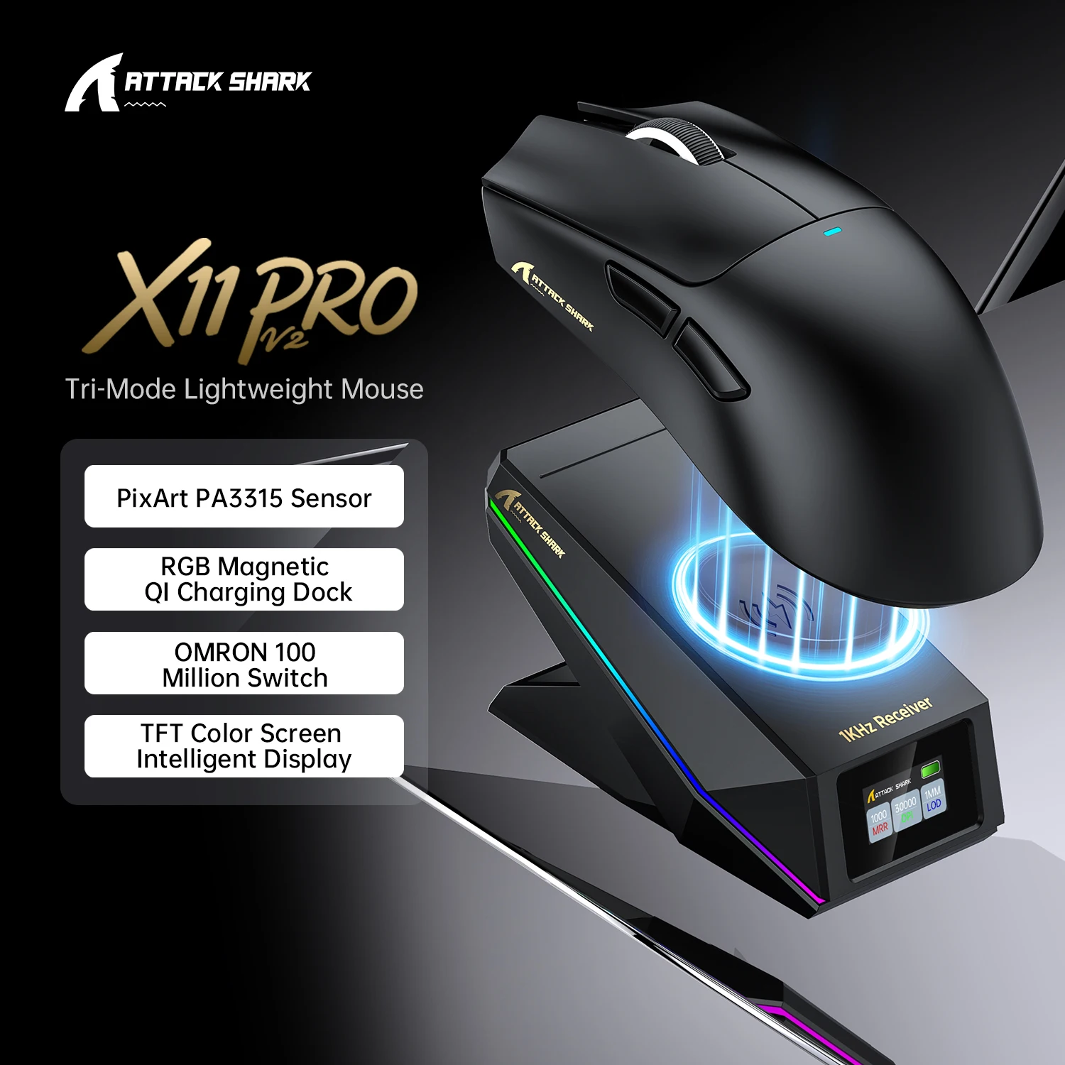 ATTACK SHARK X11 PRO V2 66g Wireless Gaming Mouse, TFT Display Charging Dock, 30,000 DPI, Tri-Mode Connectivity, PAW3315 Sensor
