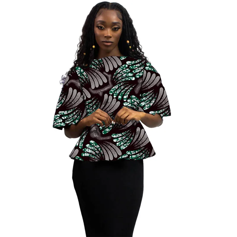 

Colorful Print African Couture Women's Tops Flare Sleeved Original Design Collarless Blouse Tailored Party Wear