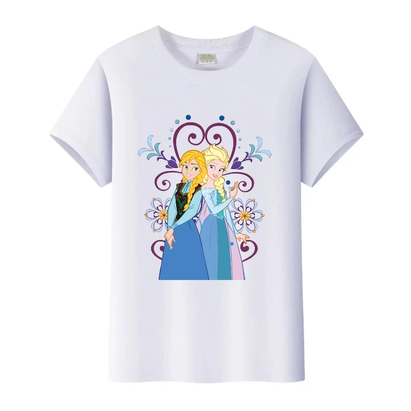 

Kawaii Disney Футболки с рисунком «Холодное сердце» Женская футболка Семейные блузки Детская футболка с круглым вырезом Одежда для девочек Уличная одежда Белые свободные топы