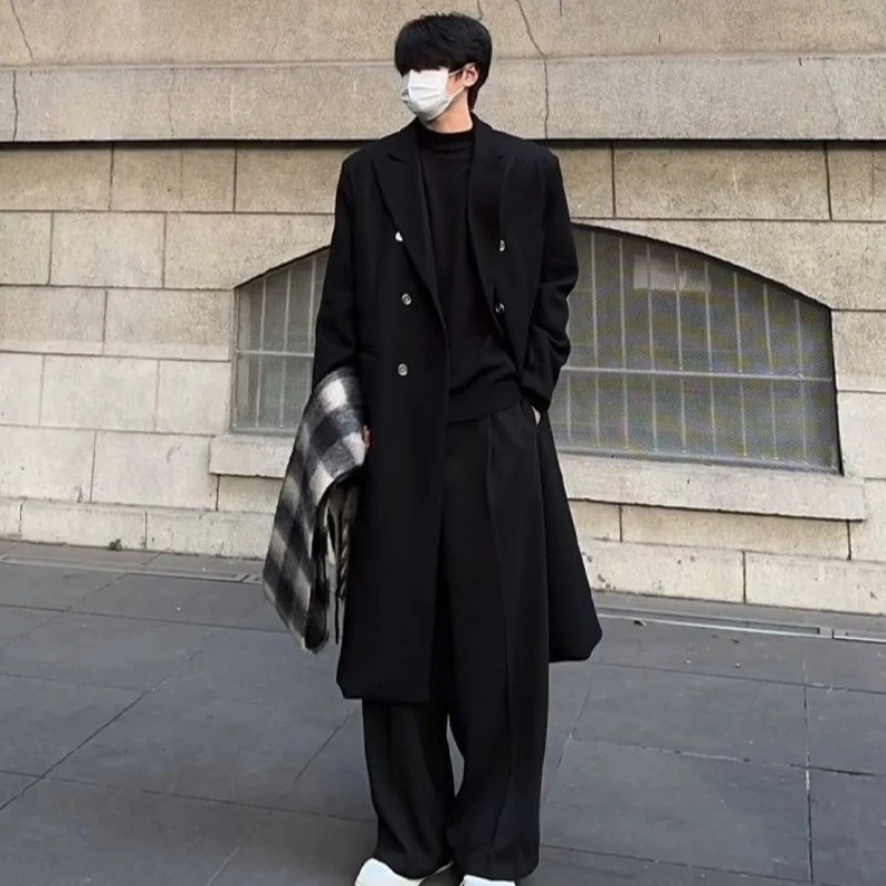 

Мужское черное шерстяное пальто средней длины, однотонное, модная верхняя одежда в корейском стиле для мужчин, зимнее пальто премиум-качества