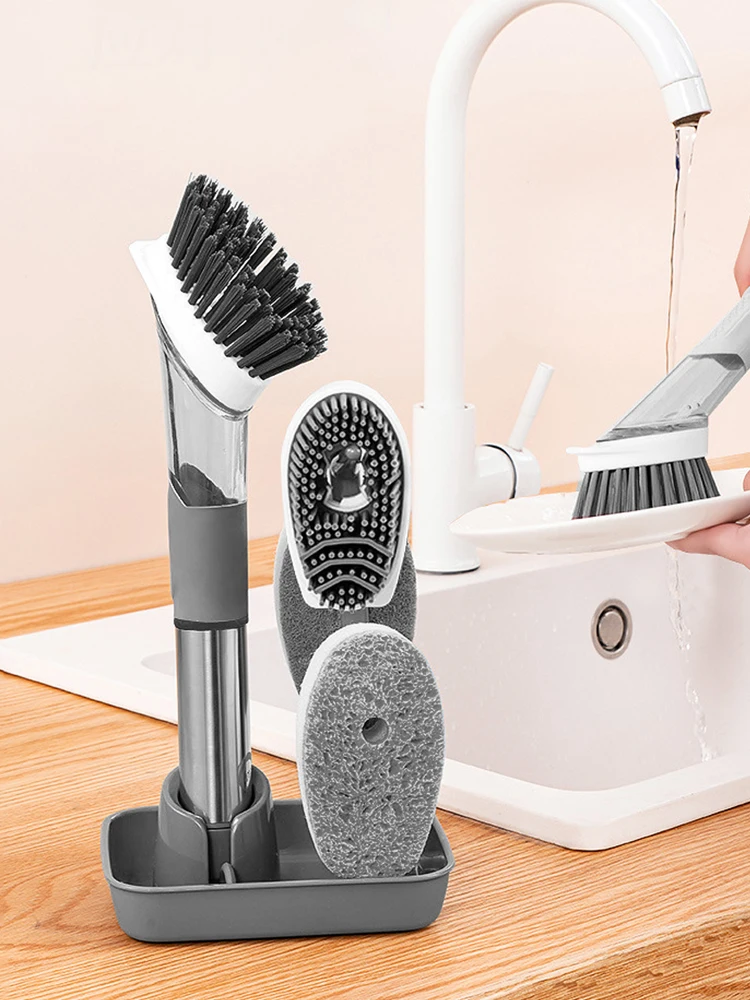 Aparatos de cocina dispensador automático de líquidos 3 en 1, cepillo de limpieza de cocina, cepillo para lavar platos con mango largo, cepillo de esponja extraíble