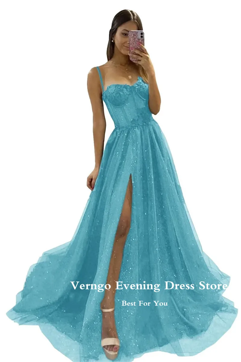 Verngo สีดำ Glitter Line Tulle Prom Dresses สปาเก็ตตี้ Sweetheart กระดูกด้านข้าง3D ดอกไม้ชุดราตรียาวชุด