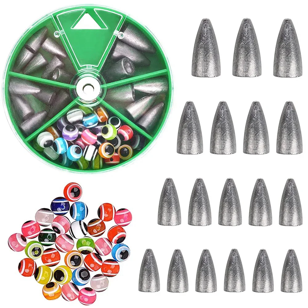 48Pcs Zestaw ciężarków wędkarskich Bullet Sinkers Slip Sinkers Fishing Worm Weights z koralikami Fish Eye do łowienia okoni Texas Rigs