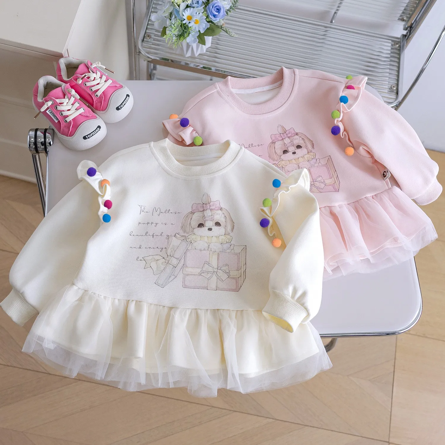 

Girls' Fashion Clothing Mesh Gauze Patchwork hoodie Spring Cartoon Print Puppy Stylish and Sweet Pullover