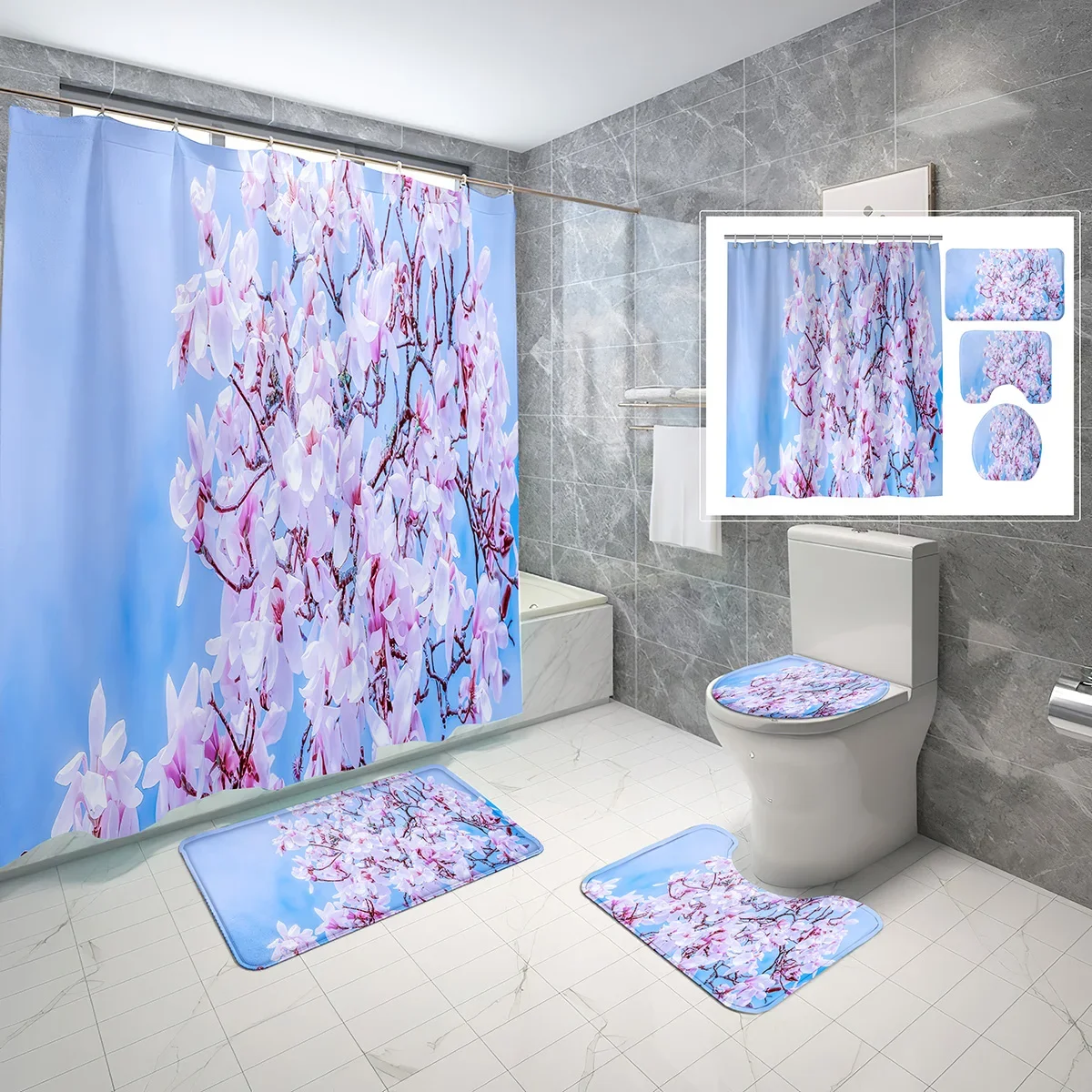 4 Pcs Magnolia Shower Curtain Sets with Toilet Lid Cover and Non-slip Bath Mat Spring Blossom Waterproof Shower Curtain Set