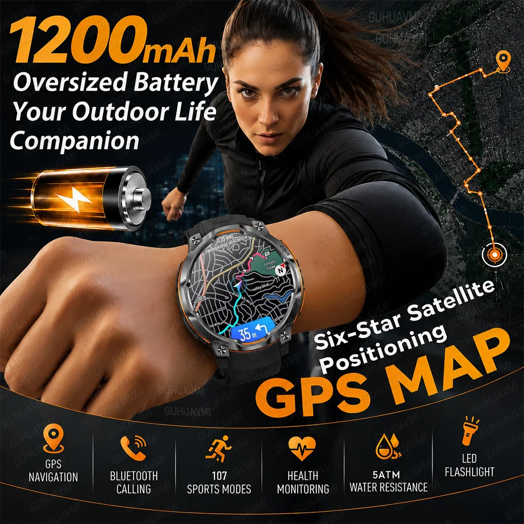 New TOP 1 Military Built-in GPS Offline Map 5ATM Waterproof Smart Watch 1.46 AMOLED HD Compass Flashlight Men Sports Smartwatch