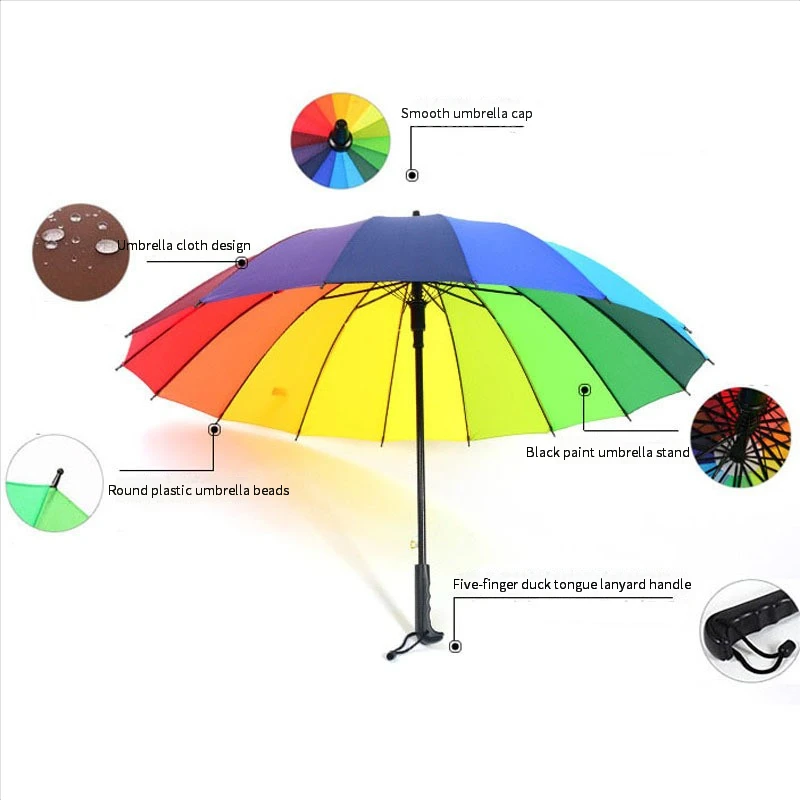 

16 roitin color rainbow umbrella long handle straight rod umbrella windproof umbrella sunny umbrella business umbrella