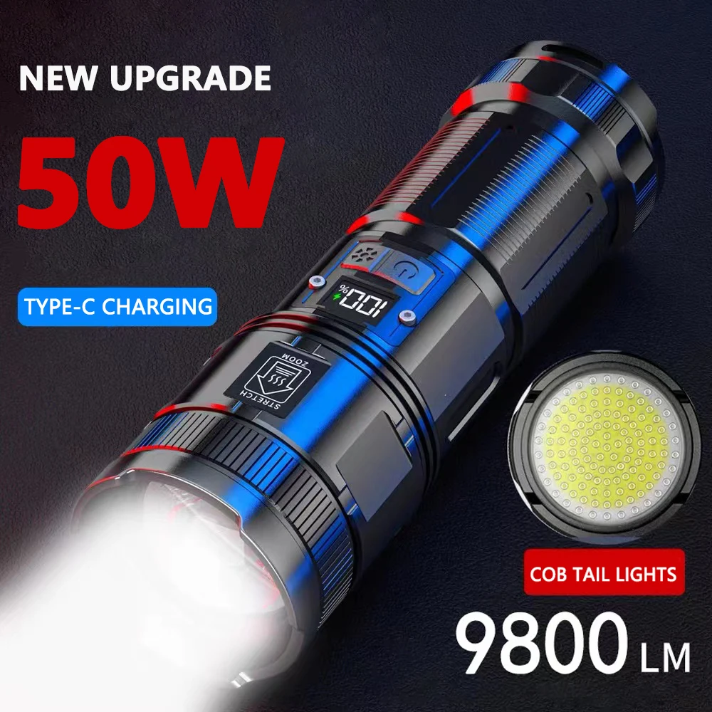 

New P90 Flashlight Super Bright 1000M Long-Range Zoom Waterproof Multi-Functional Emergency Flashlight Taillight Built-in 9000MA