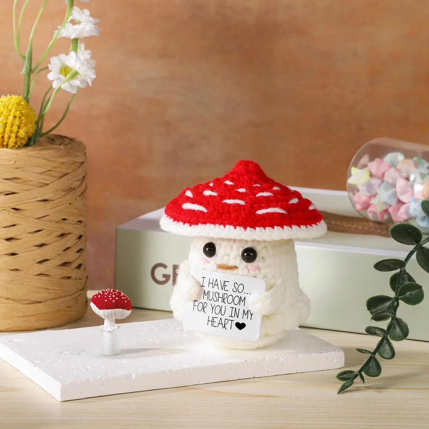 Crochet Positive Energy Mushroom Hug Pocket Doll Mini Handmade Plush Knitted Plant Ornament Home Room Decoration Christams Gift