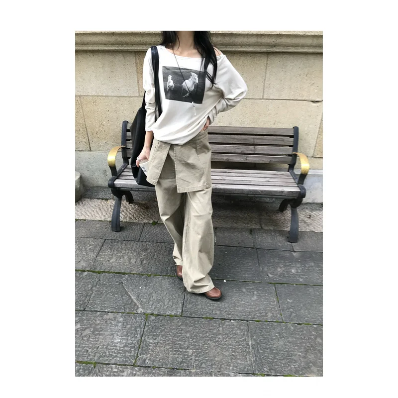 QICHE Women 2026 Autumn Korean‑Style American‑Vibe Off‑Shoulder Asymmetrical Knit Long‑Sleeve Tee Top