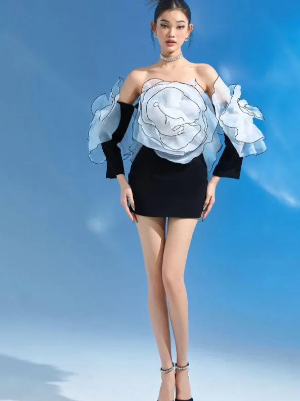 

Sexy Shoulder Bared Women's Dress New Arrival High End Fashion One Shoulder Decorated Cotton Blend Clean Fit Midi Skirt
