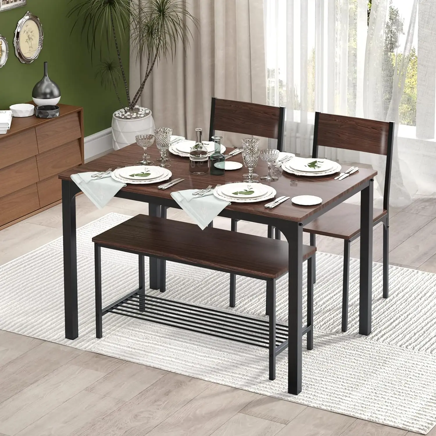 SogesHome 4 Piece Kitchen Dining Table Set for 4, Kitchen Table Bench Chairs Setfor 4, Space-Saving Table Set for Restaurant