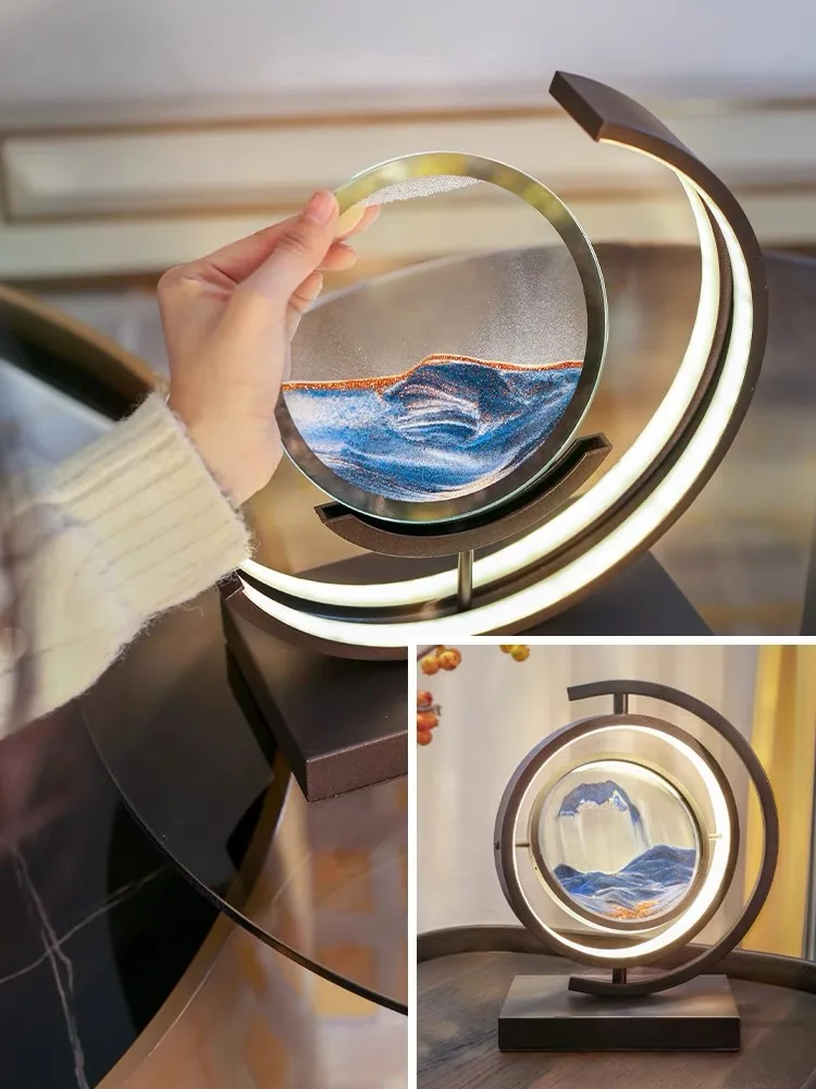 Quicksand Art LED Table Lamp Rotating Bedroom Moving Sand Night Light Sandscape Dynamic Glass Hourglass Home Decor Gifts