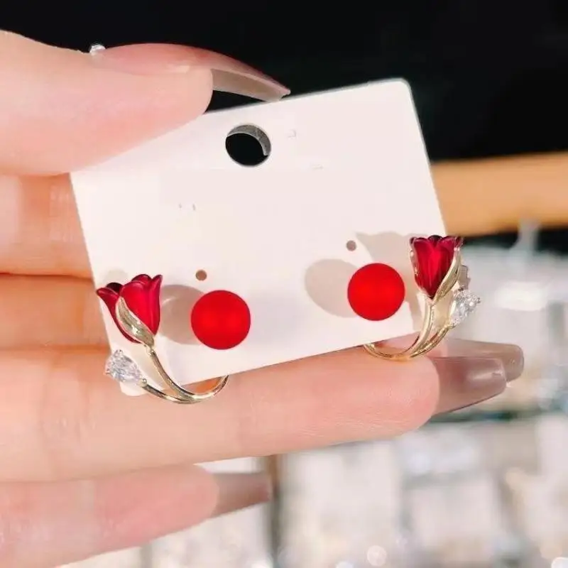 925 Silver Red Tulip Flower Earrings - Trending Luxury