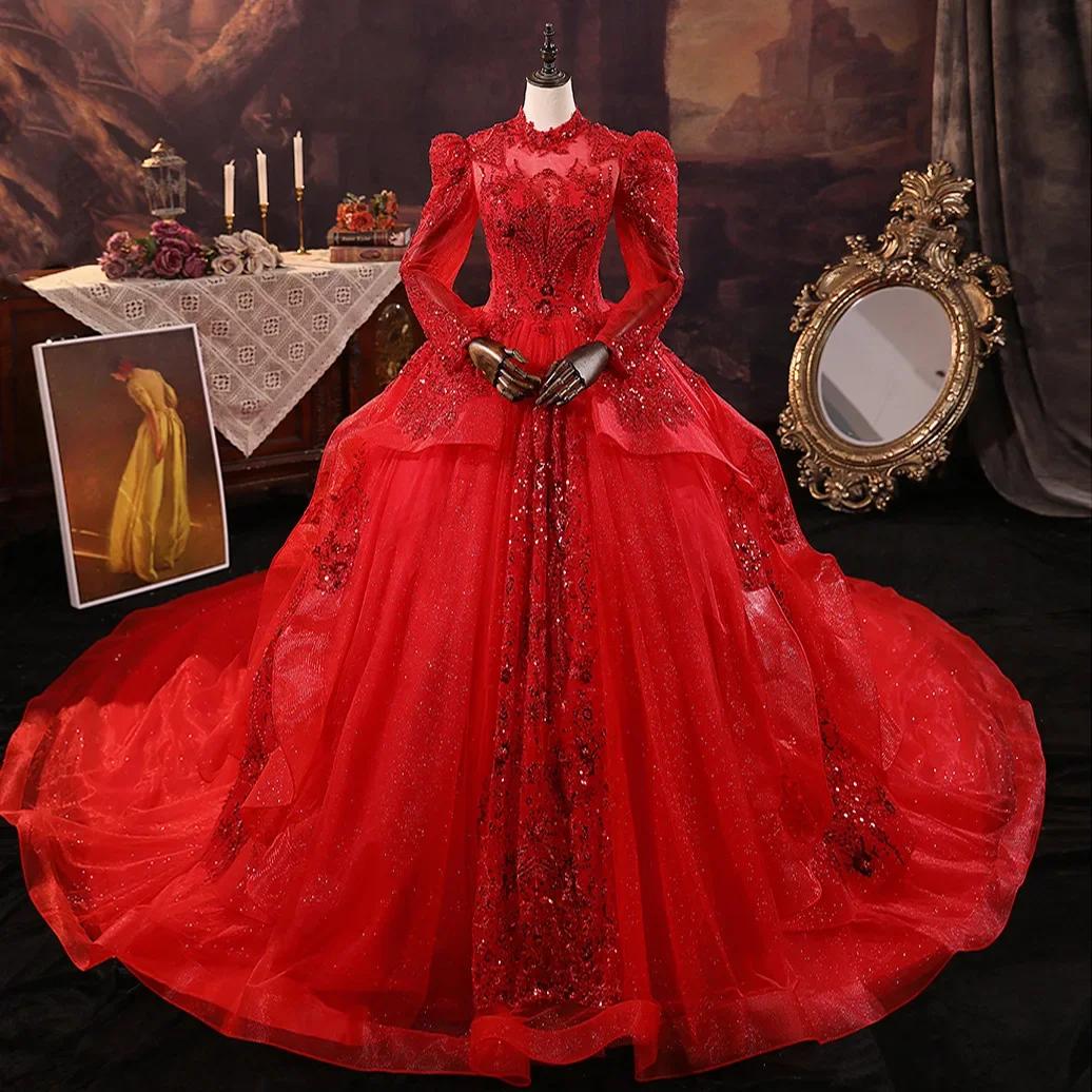 Handmade Chinese Style Bride Red Main Wedding Dress 2024 Heavy Industry Tailed Long Sleeved Grand Evening Dress