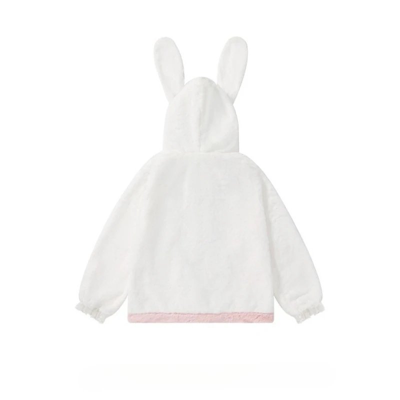 2025 invierno blanco nuevo empalme esponjoso orejas de animales suelto lindo abrigo de mujer diseño francés con capucha chaquetas cálidas de lana de cordero señoras