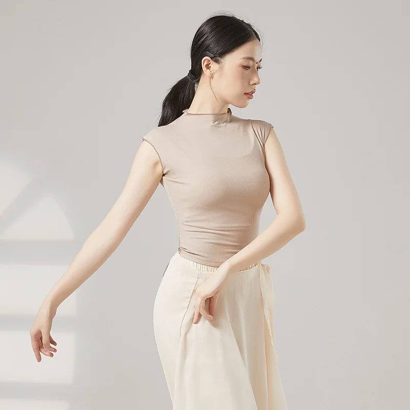 Women’s Modern Dance t-Shirt Middle Collar Ballet Dance Crop Top Back Bandage Elegante Threaded Yoga Blouse Dancing Costume