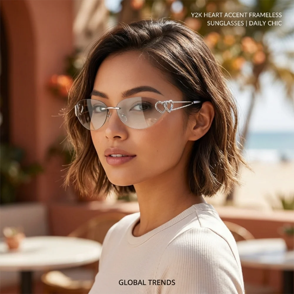 Luxuriöse Punk-Sonnenbrille für Damen und Herren, Markendesigner Vintage Randlose Herzförmige Sonnenbrille, Modische Retro Oculos De Sol
