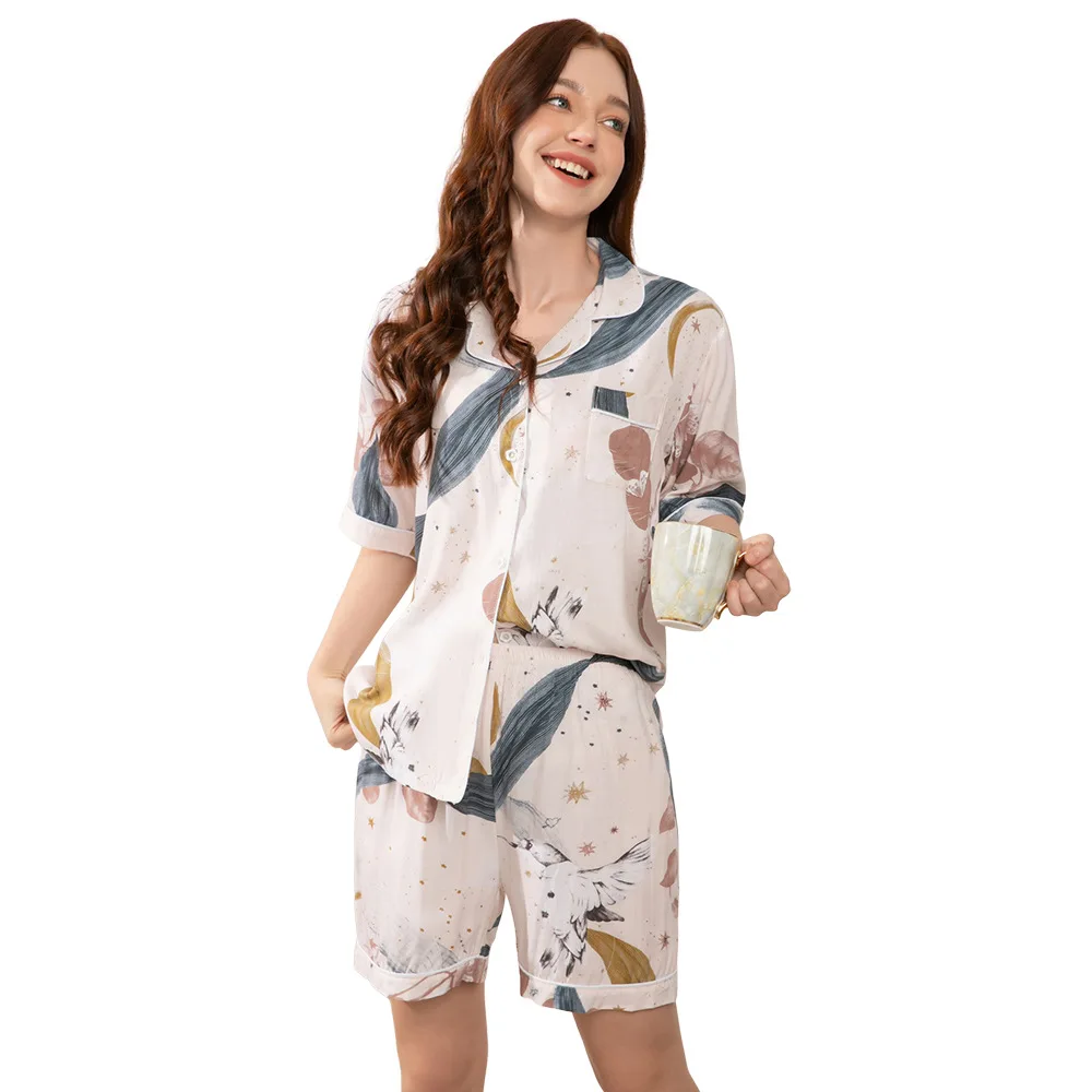 Plus Size S-3XL Viscose Pajama Sets for Women Floral Print Short Sleeve Pajamas Comfortable Homewear Pajamas for Women