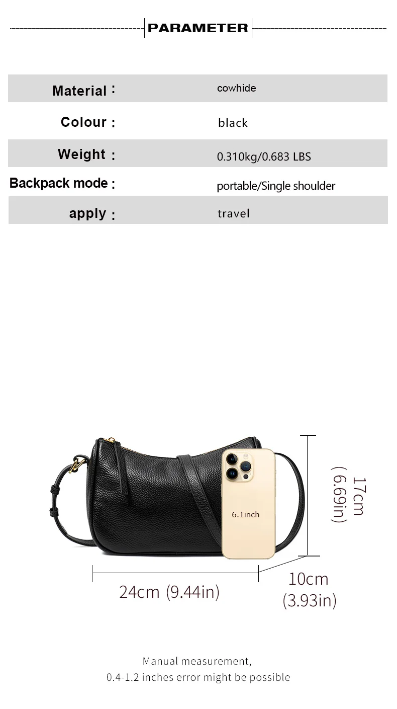 Schwarze Echtleder-Umhängetasche für Damen, Kleine Handytasche, Modisches Accessoire – Detail 4