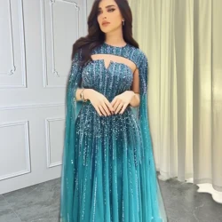 Hot Sale Arabic Green Cape Sleeves A Line Beaded Evening Dresses Long 2024 Celebrity Gowns For Woman Wedding Party LA71912