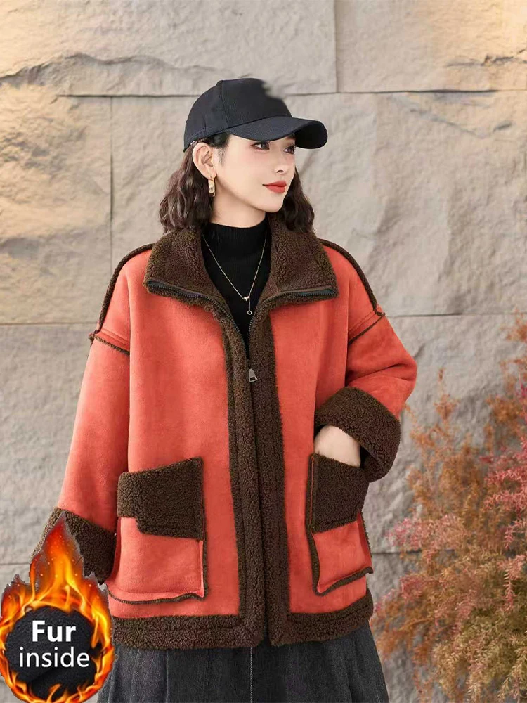 Amax lulue 2025 moda elegante casacos de camurça de pele feminina solta vintage casual jaquetas quentes senhoras clássico coreano engrossar outerwear