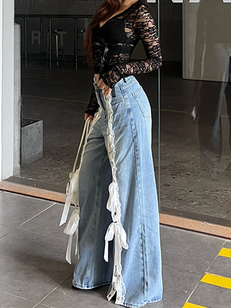 Women's White Lace Strap Slit Sexy Wide Leg Jeans Personalized Trousers Cool Girl Casual Bottoms Female Street Straight Pants