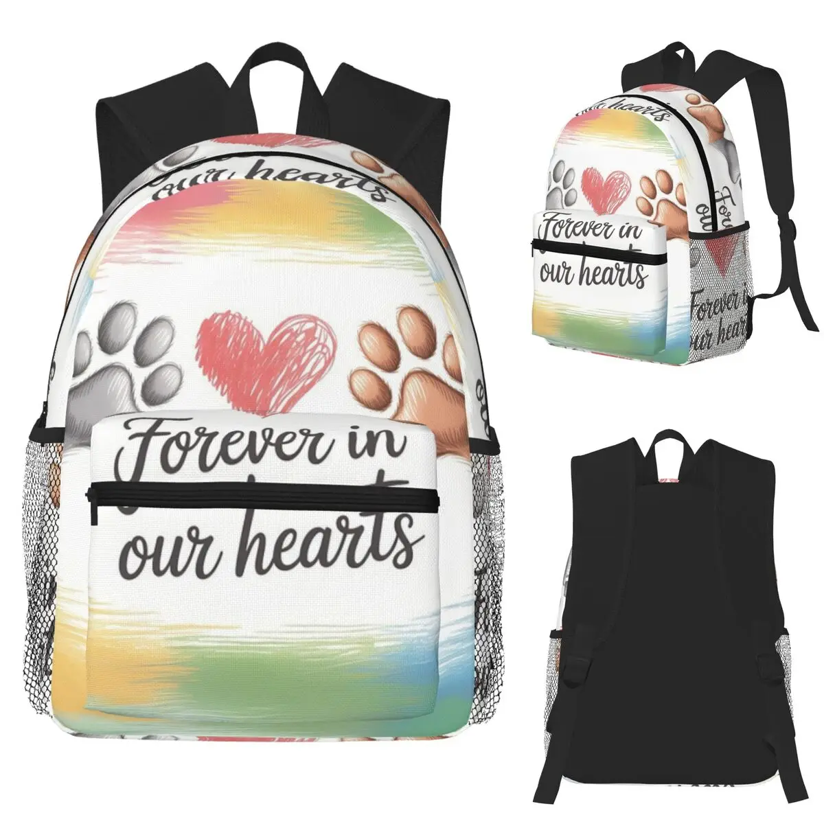 

Forever In Our Hearts Typography With Paw Prints And Crayon Heart Backpack School Bag Travel Daypack Bookbag Shoulder Bags
