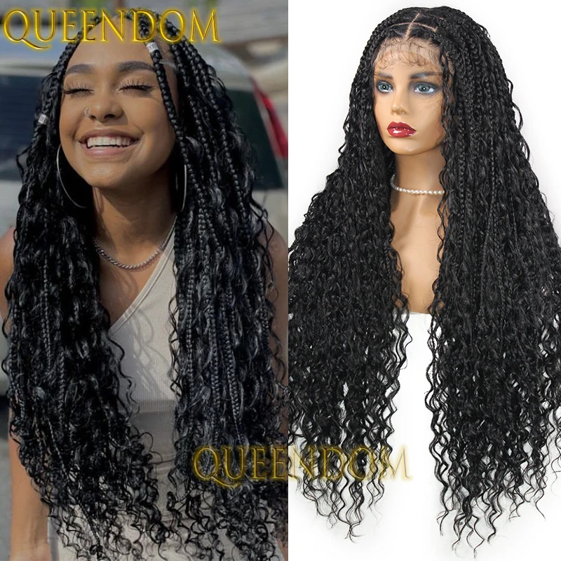 Synthetic Full Lace Bohemian Braid Wig Knotless Box Crochet Braided Goddess Wig 32 Inch Cornrow Plait Braids Wig With Curly Ends