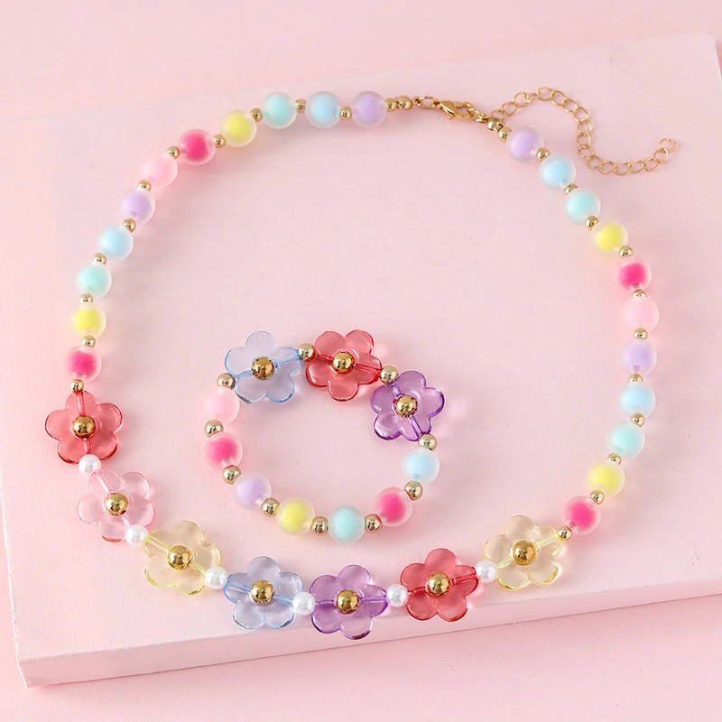 2Pack Princess Baby Girl Flower Beaded Chain Necklace with Bracelet Jewelry Set for Girls Daughter Party Birthday Gift