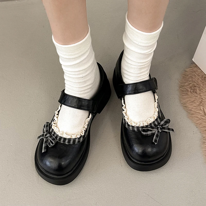 Y2K Sweet Women Mary Jane Shoes Retro Plaid Lace Bow Round Toe Platform Loafers Woman 2026 Thick Sole Gothic Lolita Shoes view 5