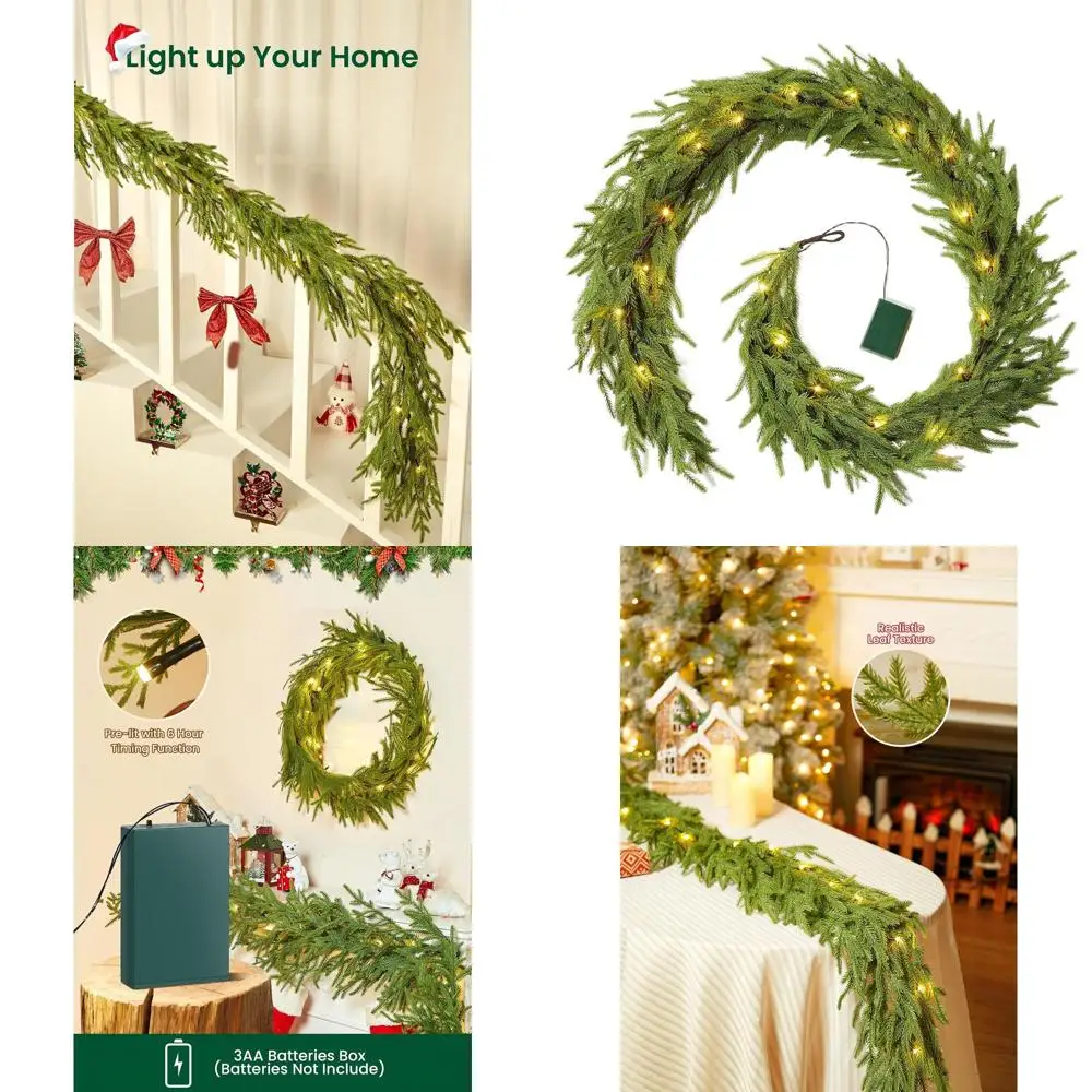 

6-Foot Battery-Powered White Lighted Norfolk Pine Garlands, Set of 2, for Indoor & Outdoor Christmas Decor