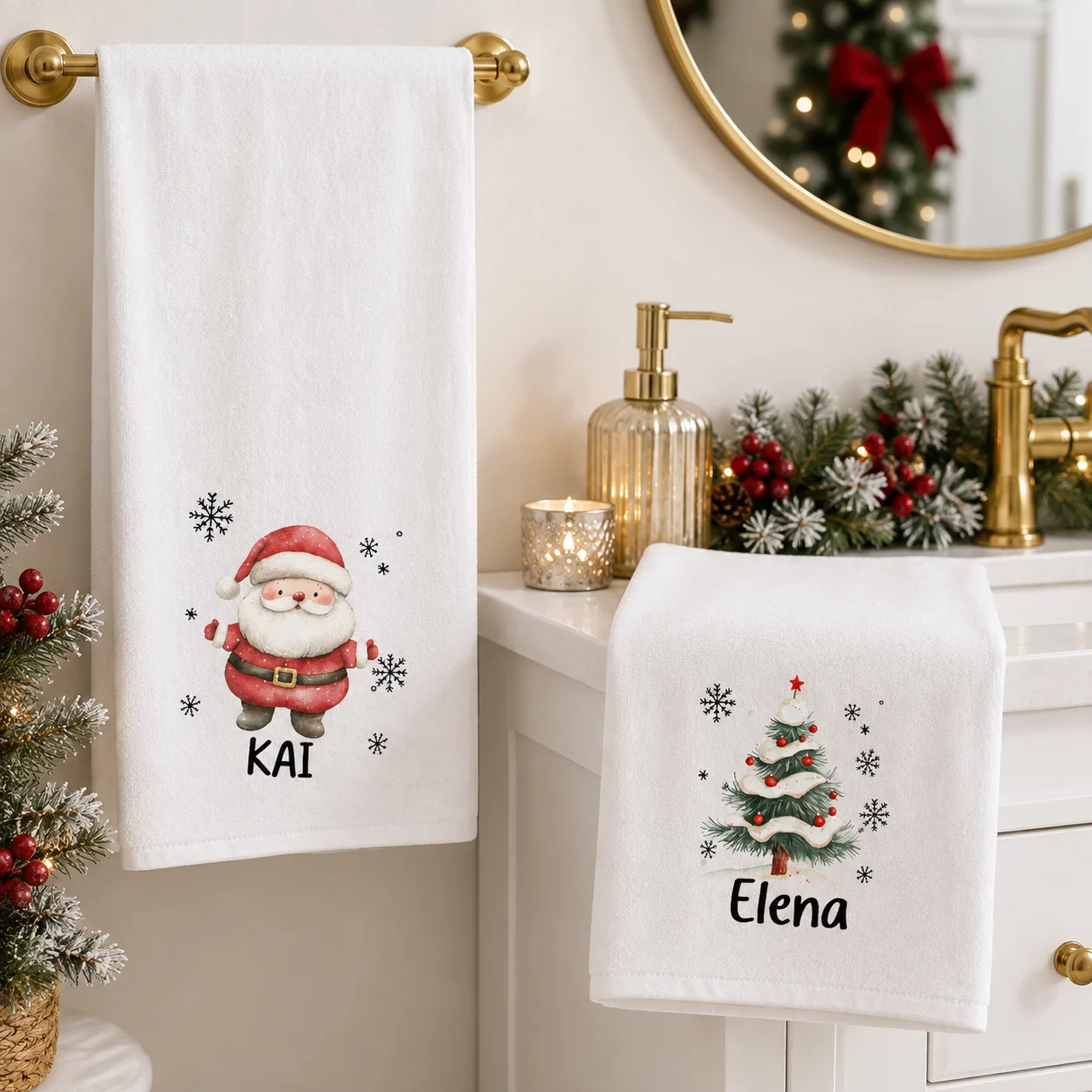 Personalized Custom Name Text  Christmas Towel Custom Santa Xmas Tree Print Couple Towel Soft Absorbent  Decor Housewarming Gift