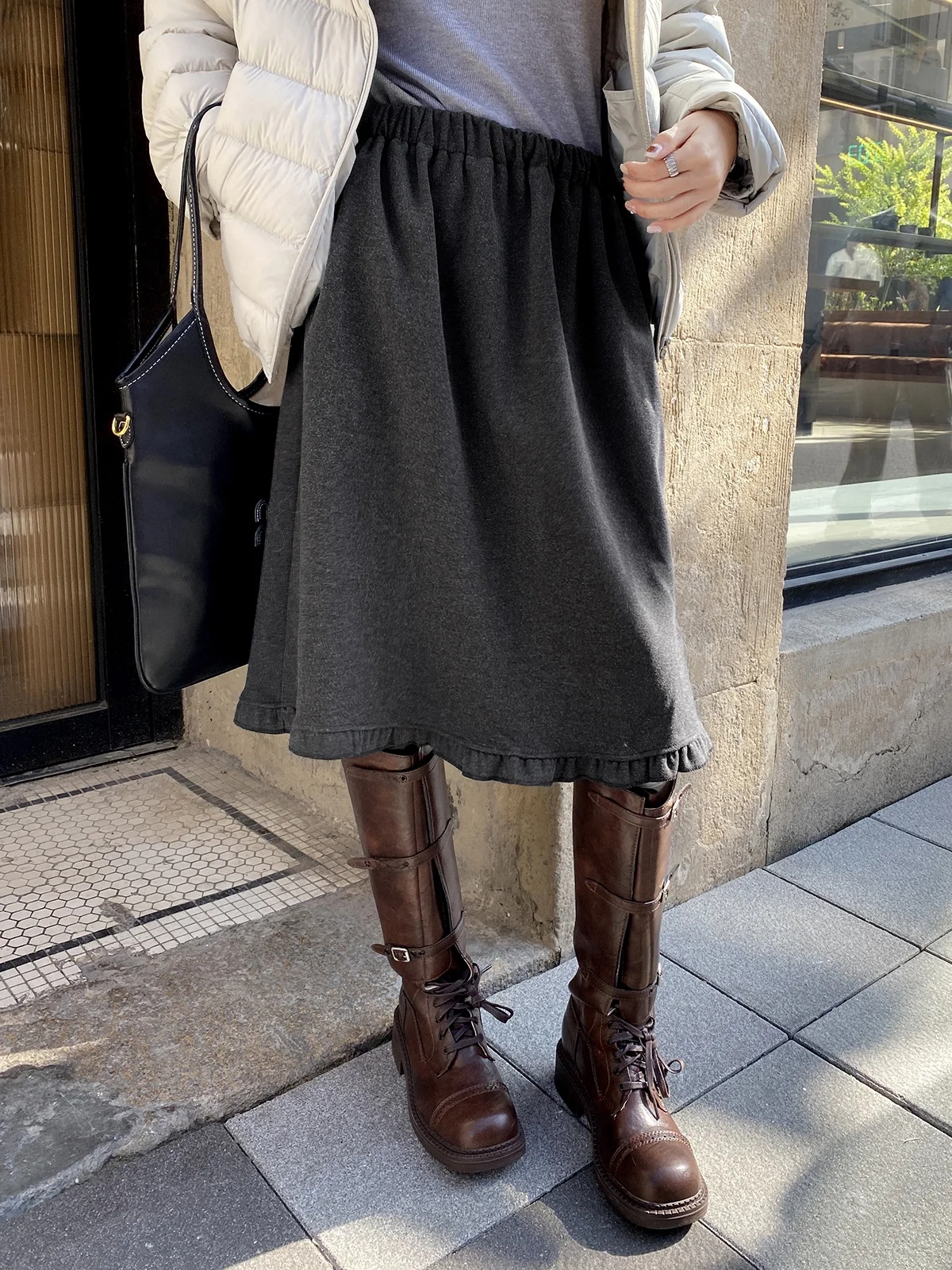 

FEELROOM ey Woolen A-Line Skirt with Wood ain Winter Slimming High Waist Casual Polyester Fiber Skirts