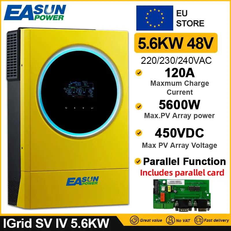 EASUN POWER 5600W Hybrid Solar Power Inverter 48v 230vac Grid Tied + Off Grid 120A MPPT Solar Charger 450vdc PV Input