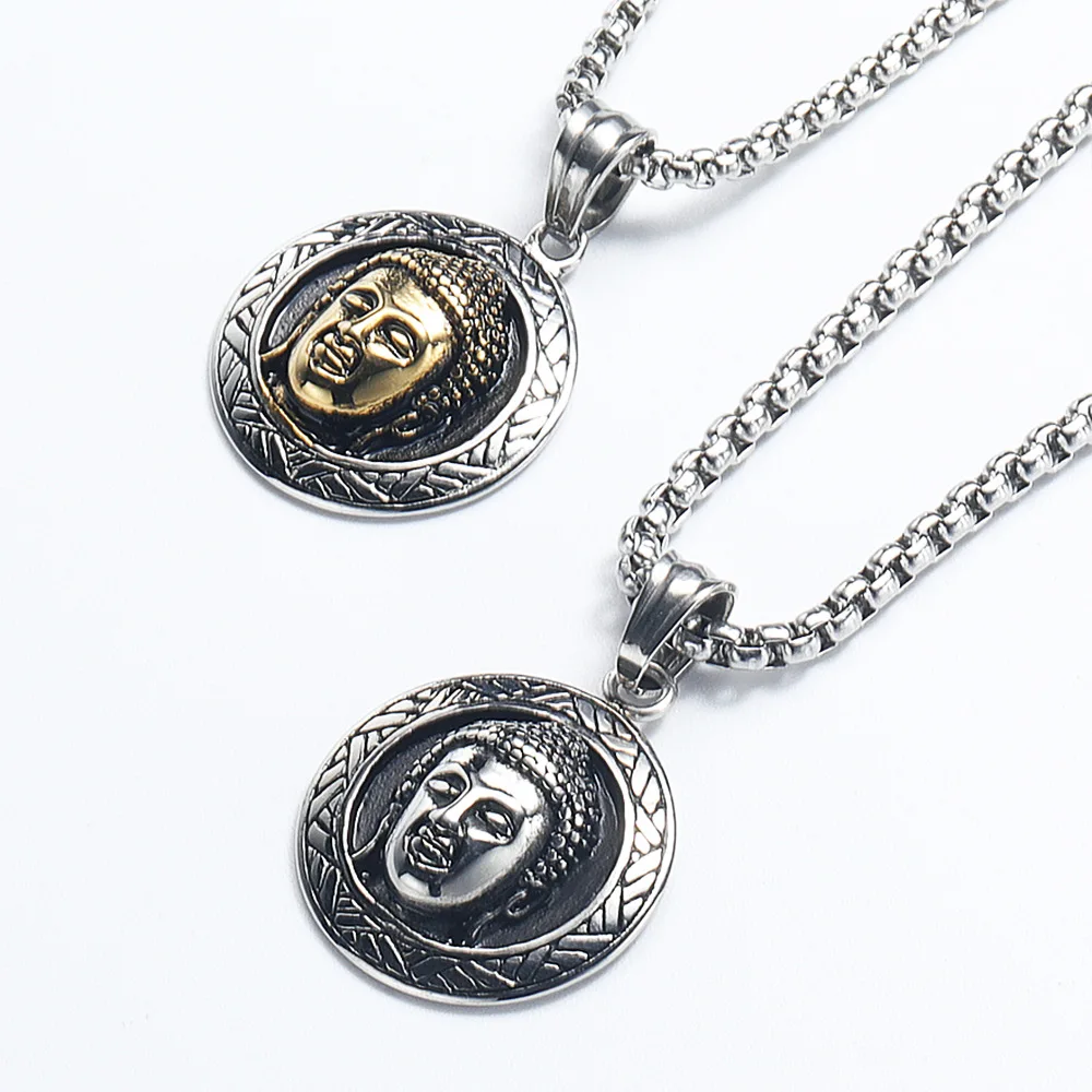 

Vintage Ethnic Trend Brand Round Buddha Head Stainless Steel Men's Pendant Necklace