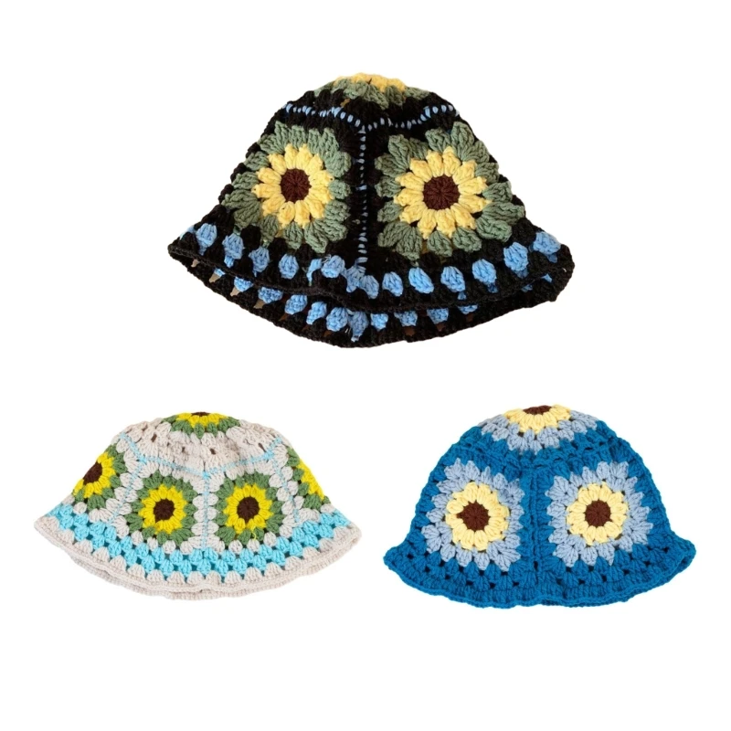 

MXMB Ladies Crochet Flower Fisherman Hat Wide Brim Bucket Hat Summer Sunproof