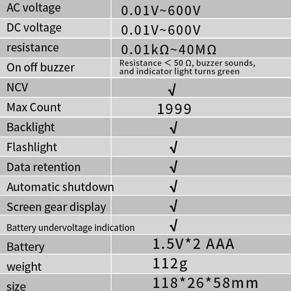 

HABOTEST HT123 Mini Digital Multimeter Auto-Ranging 600V AC/DC Voltage Tester with NCV Ohm Test Portable Electrician Tool