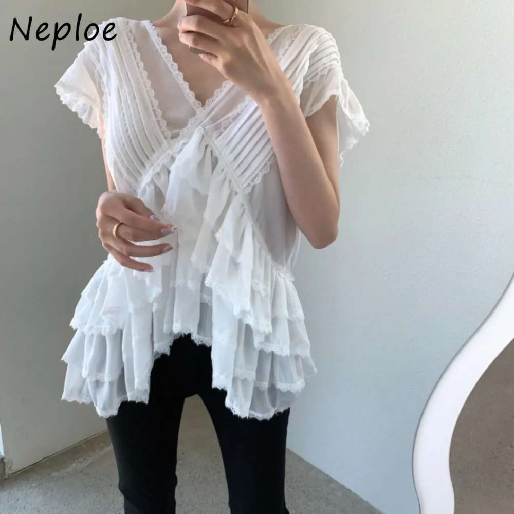 

Neploe Sweet Irregular Flower Big Swing Shirt Summer Vintage Minority All-match Blouses Short Flying Sleeve Fresh Simple Blusas