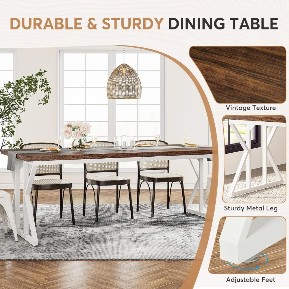 Farmhouse Dining Table for 6-8 People, 78.7-Inch Rectangular Wood Dining Table, Rustic Kitchen Table with Heavy Duty Metal Legs