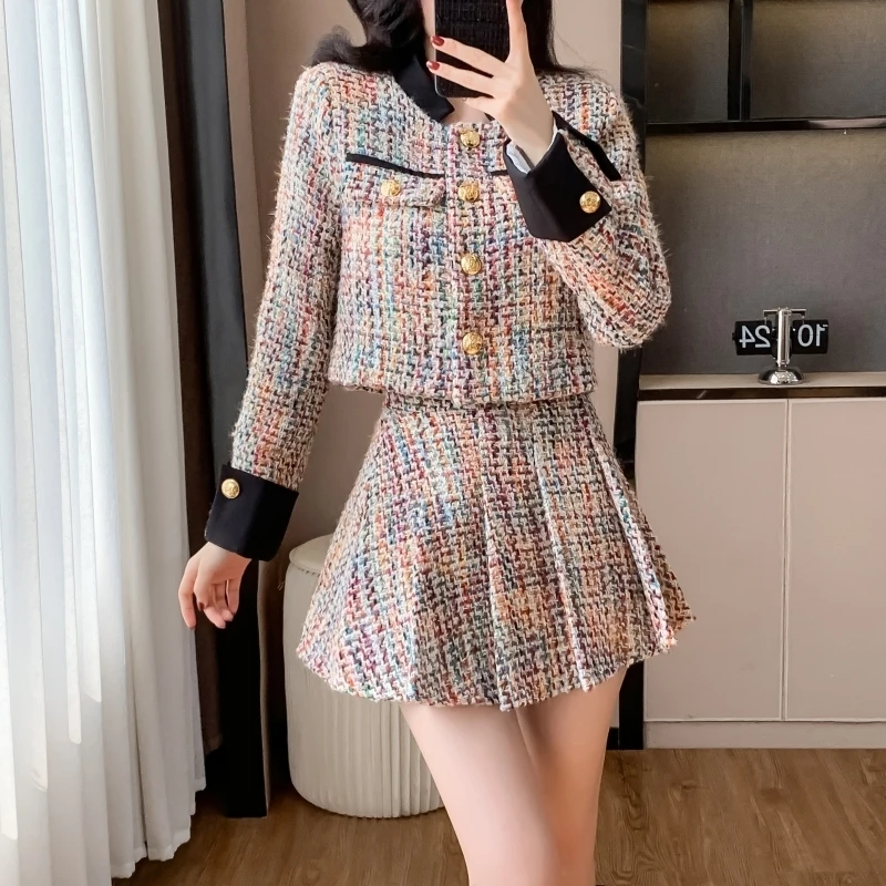 High Quality French Tweed Outfits Winter Clothes Women 2 Piece Set Sweet Fashion Short Jacket Coat + Pleated Skirt 2 Piece Suits