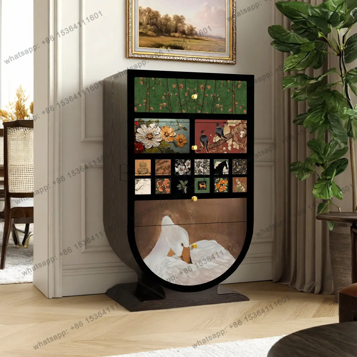 Modern art black solid wood four-chest cabinet entry porch drawer display cabinet
