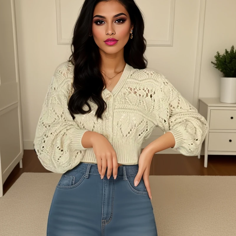 

Fashion New Autumn Women's Clothing V-neck Cardigan Hollow Long-sleeved Sweater Casual Short Knitted Single Breasted Jacket